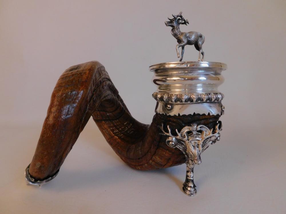 Rams Horn Inkwell With Silver Elk Mounts